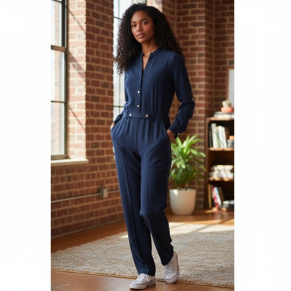 ZARA | Minimalist Neutral Dark Navy Blue Women's Wide Leg Jumpsuit | XL - Picture 1 of 13